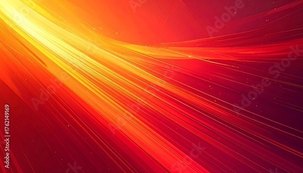 Fototapeta Abstract, vibrant artwork using a gradient of red and yellow. Dynamic light streaks and particles flow across the surface