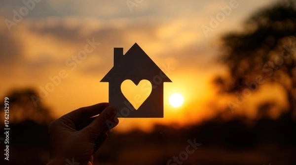 Fototapeta Dream Home Silhouette: a tender hand cradles a cut-out house shape featuring a heart, set against the backdrop of a radiant sunset, evoking feelings of warmth, safety, and the comfort of home.