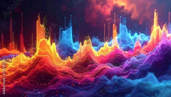 Fototapeta Abstract visualization of data resembling colorful mountain ranges with glowing particle effects and vibrant gradients. A celestial backdrop adds depth