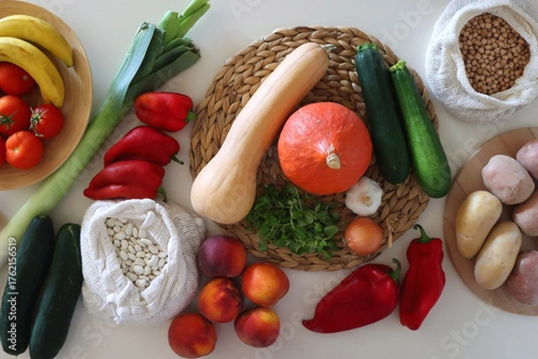 Obraz Collection of healthy fruits, vegetables and legumes on white background. Top view.