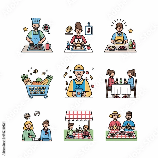 Obraz Set of colorful flat line icons illustrating various food activities, including cooking, dining, shopping, and picnics.