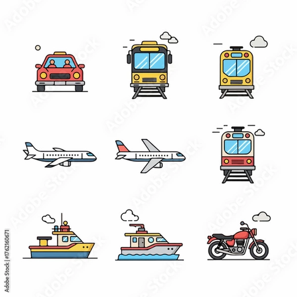 Obraz Transportation Modes Icon Set. Flat linear color vector illustrations of travel vehicles like car, train, airplane, ship, and motorcycle.