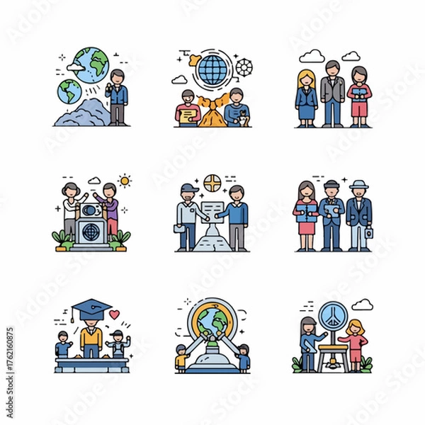 Obraz Flat vector icons collection depicting global business, networking, education, environmental awareness, and teamwork.