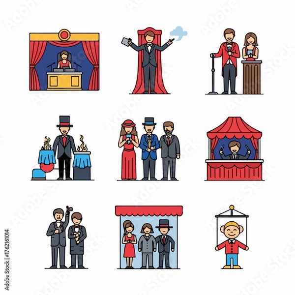 Obraz Performance and Entertainment Industry Icons: Magicians, Stage Hosts, Attendees, and Theater Figures in a Colorful Outline Collection.