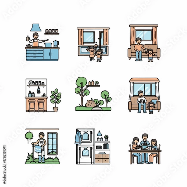 Obraz Home Life and Daily Routines Icon Set: Family activities including cooking, relaxing, gardening, and dining in simple outline illustration style.