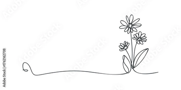 Fototapeta Continuous line drawing of blooming flowers and leaves