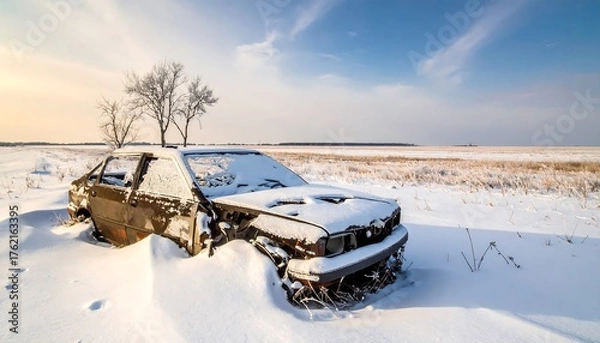 Fototapeta An abandoned, snow-covered car sits in a vast, wintry field under a partly cloudy sky, bare trees in background