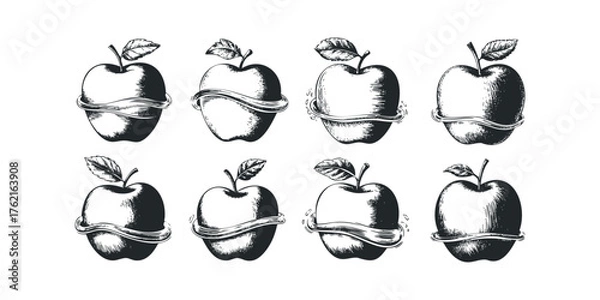 Fototapeta Eight Hand Drawn Apple Icons with Swirling Ribbon
