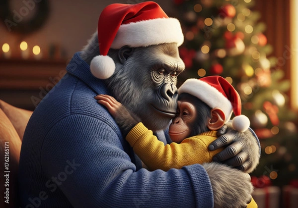 Fototapeta Heartwarming photographic style portrait of an anthropomorphic gorilla father and son in santa hats hugging