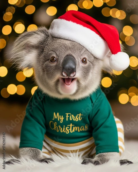 Fototapeta Cute photographic style portrait of an anthropomorphic baby koala celebrating his first christmas in a santa hat