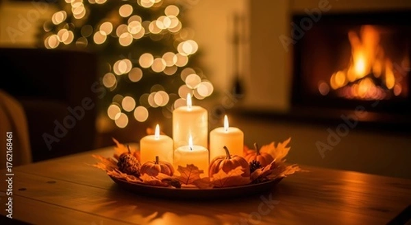 Obraz Warm and inviting holiday scene with candles, pumpkins, and fireplace glow