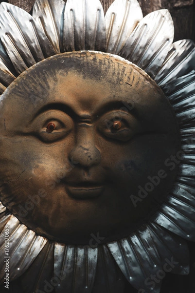 Fototapeta Close-up of rustic metal sun face sculpture with weathered texture. Vintage metallic sun wall art with expressive facial features.