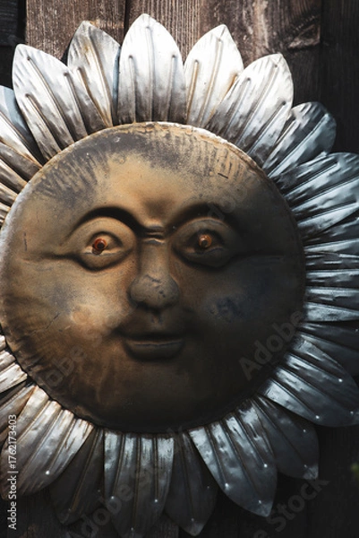 Fototapeta Close-up of rustic metal sun face sculpture with weathered texture. Vintage metallic sun wall art with expressive facial features.