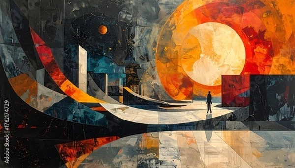 Fototapeta An abstract artwork depicting a silhouetted figure in a geometric landscape. Vivid colors of orange, blue, and black. Includes celestial bodies and architectural elements