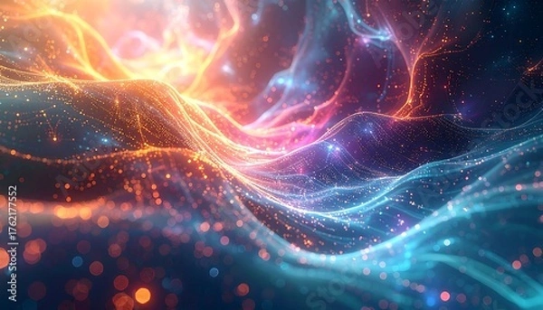 Fototapeta An abstract artwork depicting vibrant, flowing energy fields in shades of orange, blue, and purple, with sparkling particles