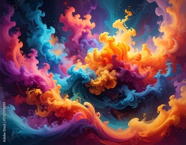 Fototapeta An abstract artwork depicts swirling, vibrant clouds of color. Hues of orange, blue, and purple blend in a dynamic, flowing composition