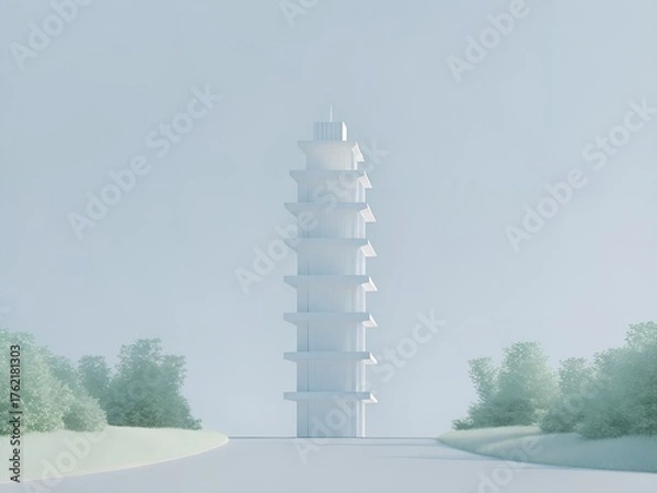 Fototapeta Sleek Minimalist Tower with Tiered Levels in Serene Foggy Landscape with Green Trees
