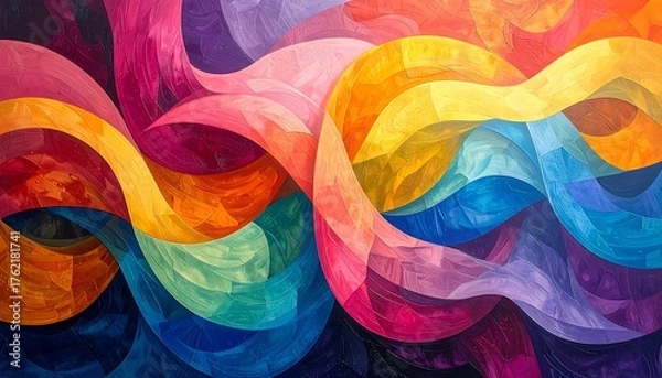 Fototapeta An abstract artwork displaying colorful, flowing wave-like forms. The piece features a variety of warm and cool hues, creating a vibrant and dynamic composition