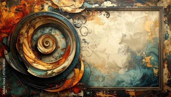 Fototapeta An abstract artwork featuring a layered circular design on the left. It transitions to a framed, textured background with paint splatters