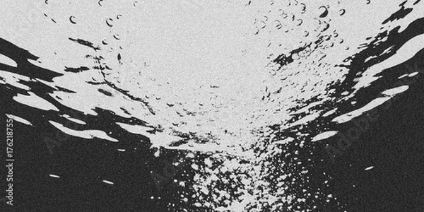 Obraz Underwater view looking up towards the surface with light rays and bubbles, black and white grainy texture isolated on transparent background