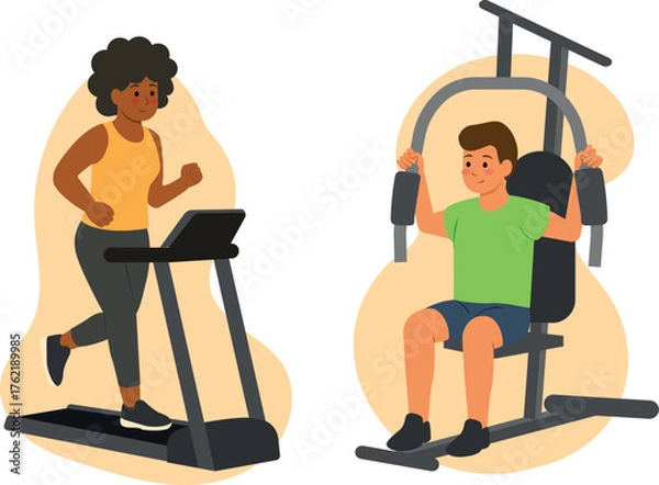 Obraz gente haciendo ejercicio en caminadora y multifuncional para brazo. gimnasio