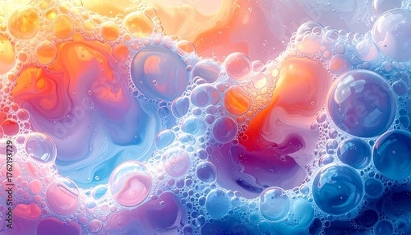 Fototapeta An abstract artwork presents a colorful and bubbly liquid texture, with swirling and intermingling hues of orange, blue, pink, and yellow