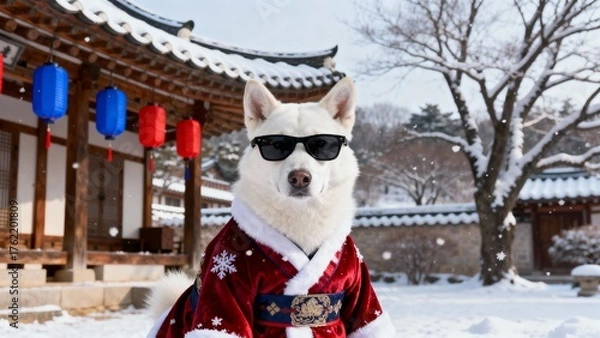 Obraz 한복입은흰색진돗개와눈내린전통한옥의크리스마스풍경
