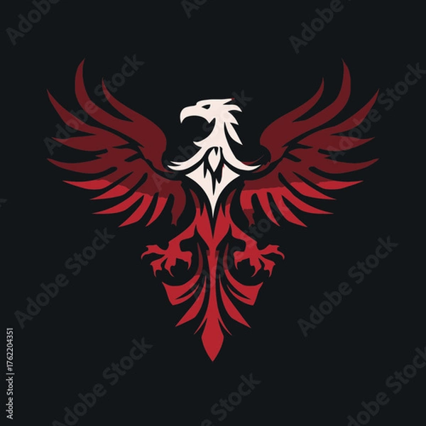 Obraz Powerful Red and White Eagle or Phoenix Bird Graphic Emblem. Stylized Vector Illustration of a Majestic Fowl with Outstretched Wings.