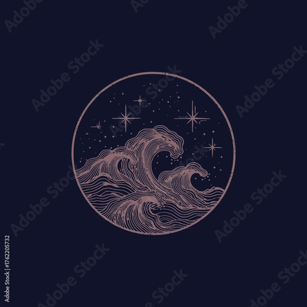 Obraz Stylized ocean waves and starry night sky in a circular graphic illustration. Vintage aesthetic marine and cosmic design.