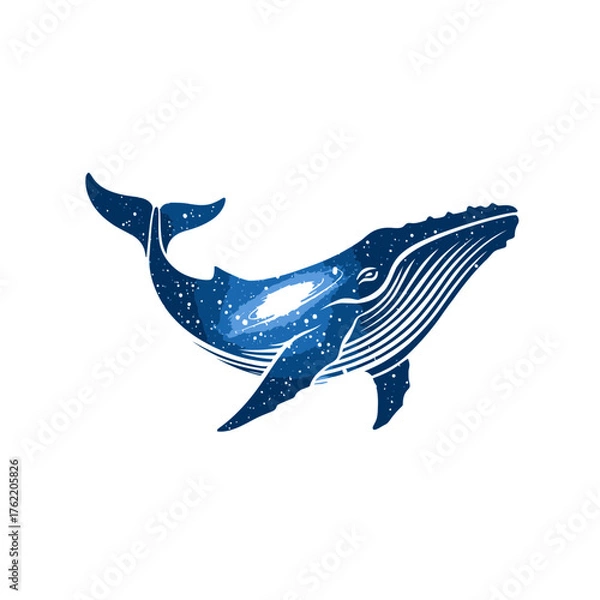 Fototapeta Majestic blue whale vector illustration with a cosmic starry texture, showcasing ocean depths and a vibrant night sky connection.