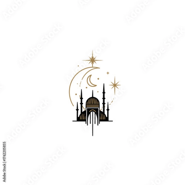 Obraz Stylized Islamic Mosque Illustration with Crescent Moon and Stars. Elegant Vector Graphic for Ramadan, Eid, and Religious Concepts.