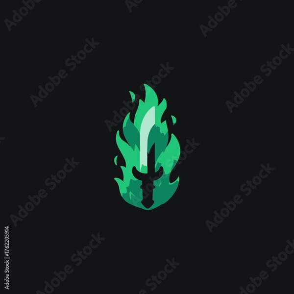 Obraz Dynamic green flaming sword icon, powerful fantasy weapon graphic. Mystical fire and blade symbol on dark background.