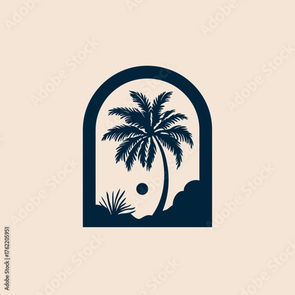 Fototapeta Boho chic tropical palm tree and sun silhouette within an arch window frame. Minimalist vector illustration for summer and vacation.