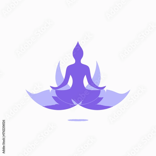 Obraz Zen meditation icon: Stylized purple silhouette of a person in lotus pose, symbolizing mindfulness, spiritual peace, and yoga wellness.