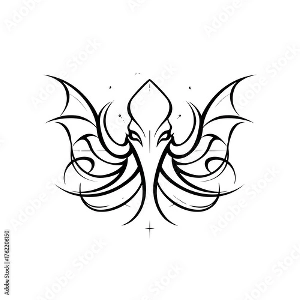 Obraz Mysterious stylized octopus creature with bat wings, fantasy horror illustration in black and white, tribal design art.