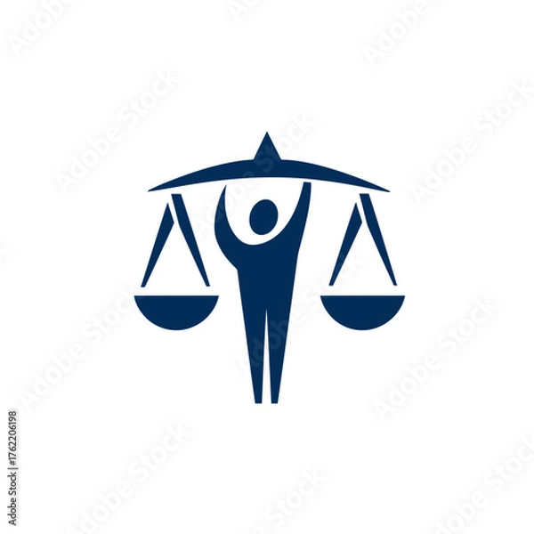 Obraz Graphic icon of person holding scales of justice. Symbolizing law, equality, balance, fairness, legal services, and human rights concept.