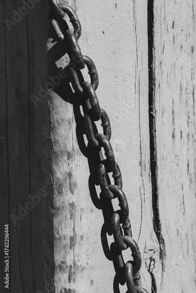 Fototapeta Rusted metal chain lying on weathered wooden surface. Old industrial chain casting shadow on faded paint.