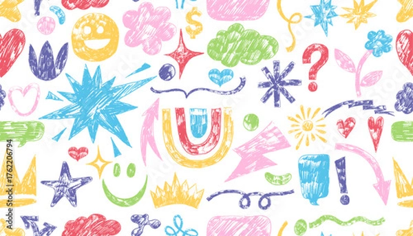 Obraz Seamless naive playful abstract doodle sticker pack with groovy colorful shapes, funny faces, hearts, cloud, suns, crowns, arrows, stars. Seamless pattern crayon drawn funky elements in childish style