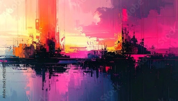 Fototapeta An abstract cityscape at dawn, rendered with vibrant, layered strokes of pink, orange, and dark hues, suggestive of high-rise buildings
