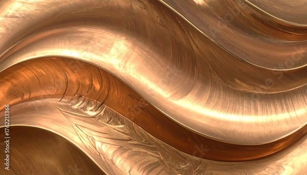 Fototapeta An abstract close-up of curved copper-toned metal with flowing, organic shapes. The light reflects various shades