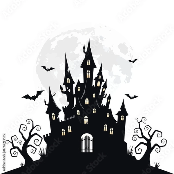Fototapeta Spooky castle with bats and full moon at night