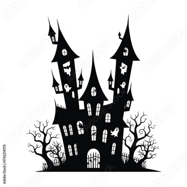 Fototapeta Spooky haunted house silhouette with ghosts and bare trees isolated on white background