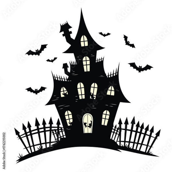 Fototapeta Haunted house silhouette with bats and fence isolated on white background