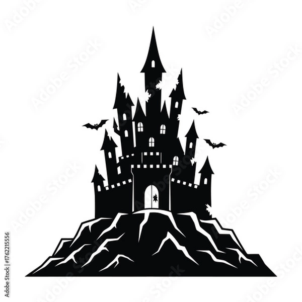 Fototapeta Silhouette of a spooky castle with bats flying isolated on white background