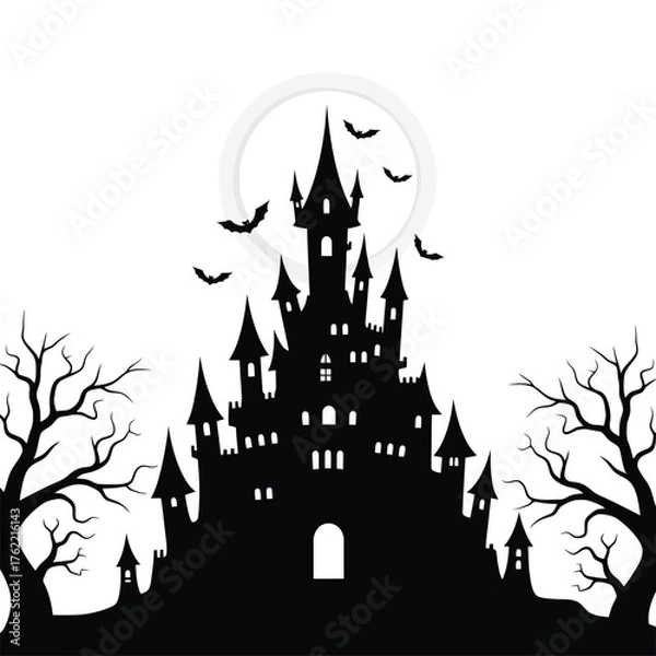 Fototapeta Silhouette of a spooky castle with bats and trees isolated on white background
