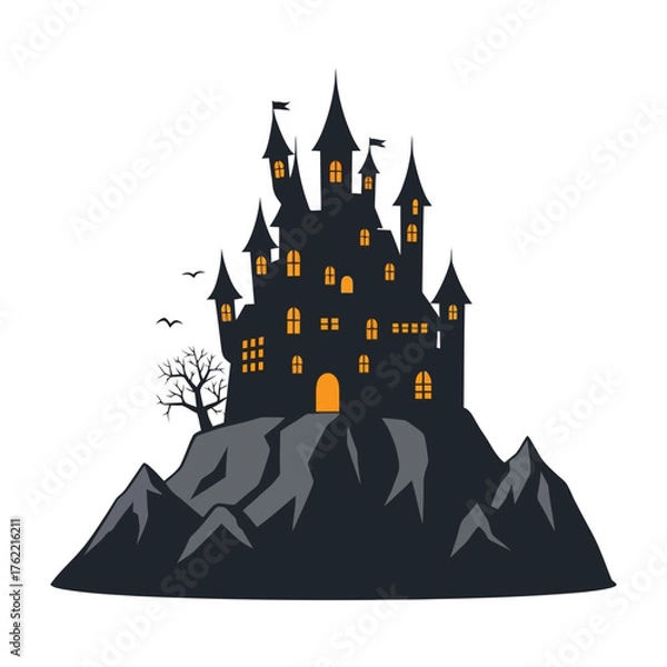 Fototapeta Spooky haunted castle on a rocky hill with glowing windows at night