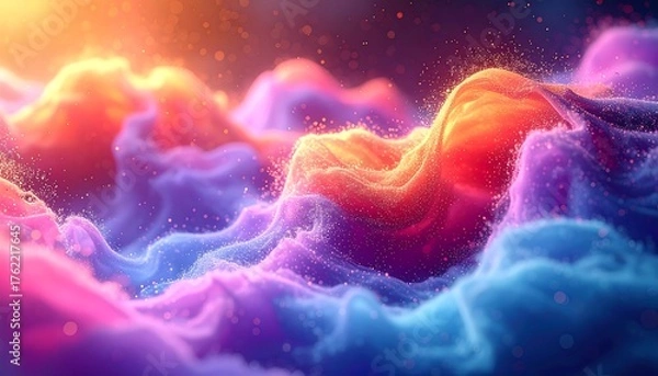 Fototapeta An abstract, colorful composition depicts swirling, cloud-like formations. Shades of orange, pink, and blue blend together with particles of light