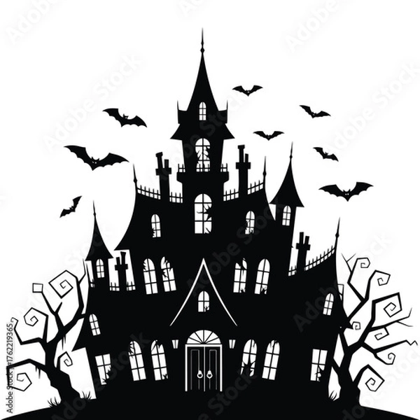 Fototapeta Spooky haunted mansion silhouette with bats flying isolated on white background