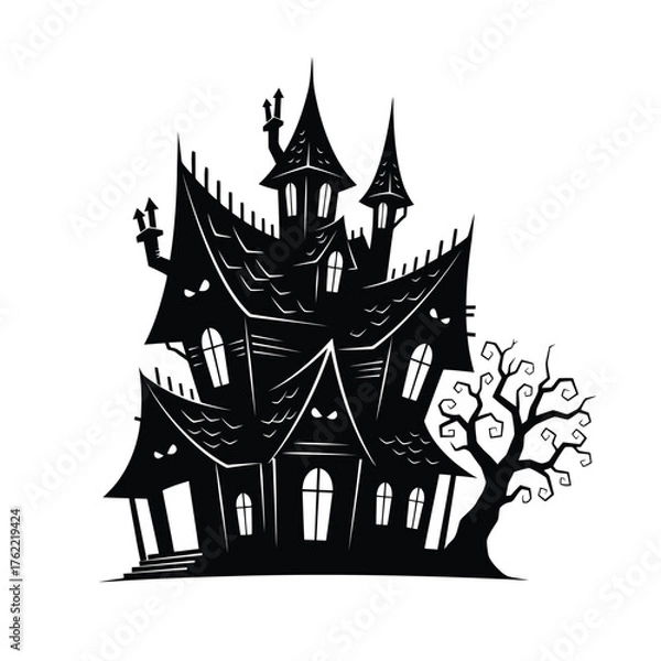 Fototapeta Silhouette of a creepy haunted house with a bare tree isolated on white background