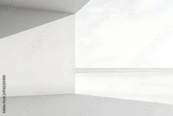 Fototapeta Minimalist White Interior Corner Overlooking Serene Cloudy Horizon in Ethereal Abstract Render